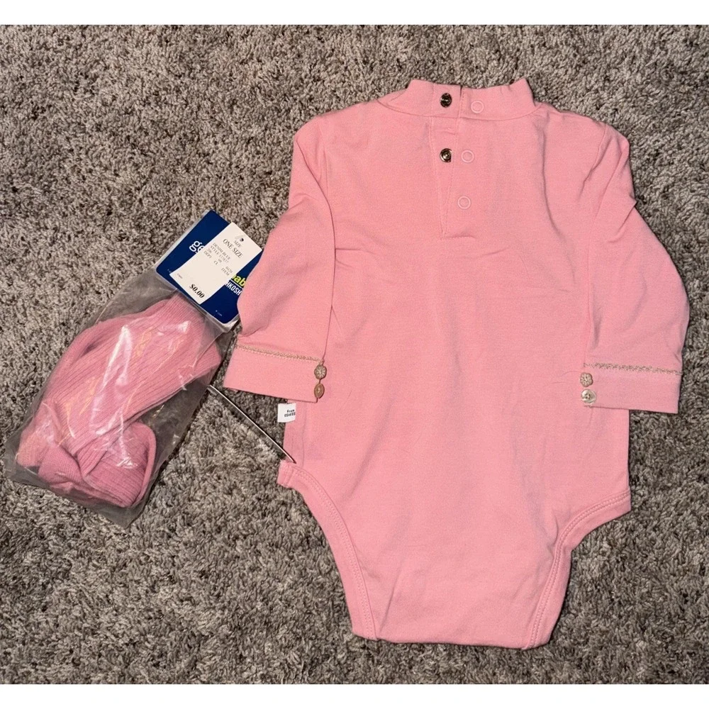 Y2K Genuine Baby OshKosh 6M 3Pc Denim Jumper Pink Top Tights‎ Set NWT Target